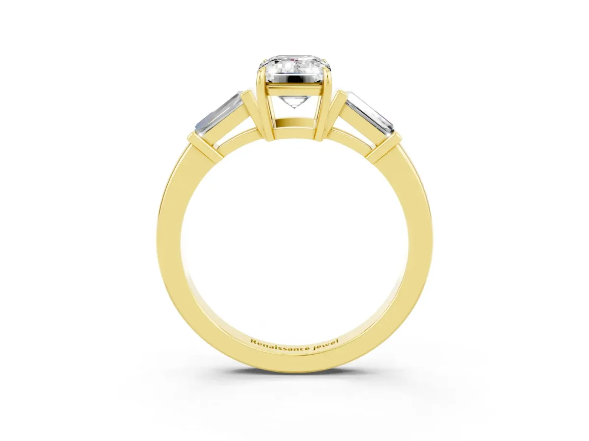 Emerald Cut Moissanite Three-Stone Ring with Tapered Baguette Side Stones and Prong Setting Yellow gold