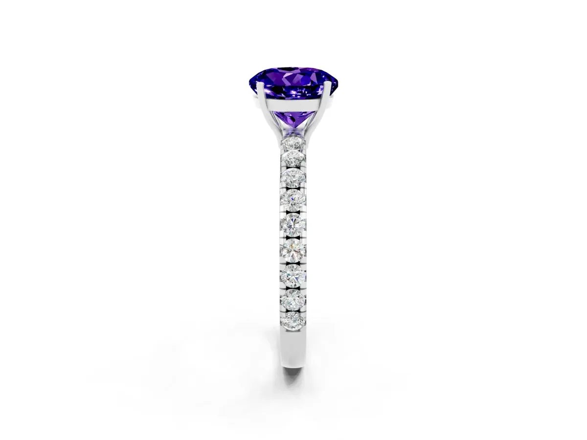 Round Cut Tanzanite Pavé Solitaire Engagement Ring with Four-Prong Setting Silver