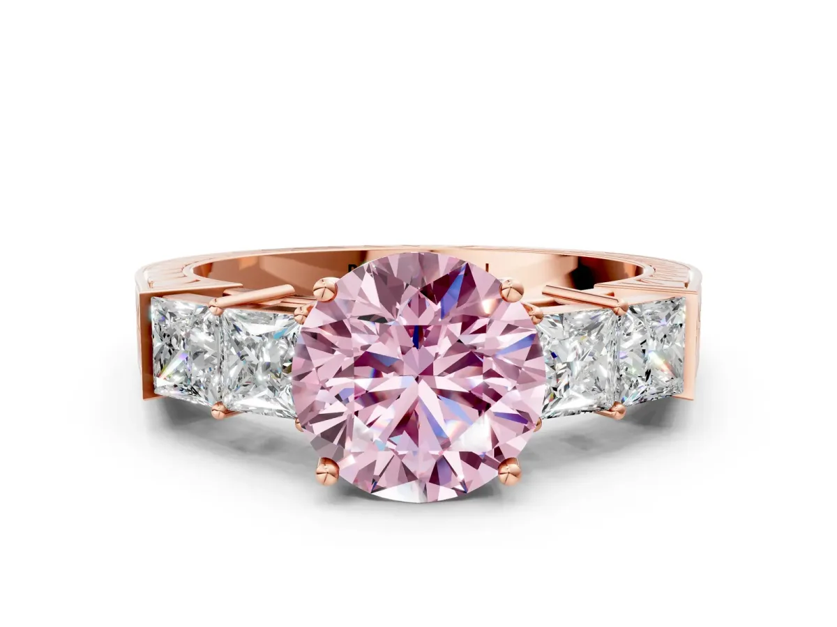 Fancy Pink Round Cut Solitaire Princess Side Stone Engraved Band Prong Setting Ring Rose gold
