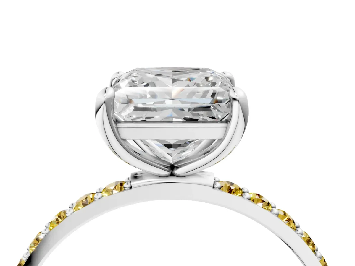 Princess Cut Diamond Solitaire Ring with Round Yellow Sapphire Pavé Band and Prong Setting White gold