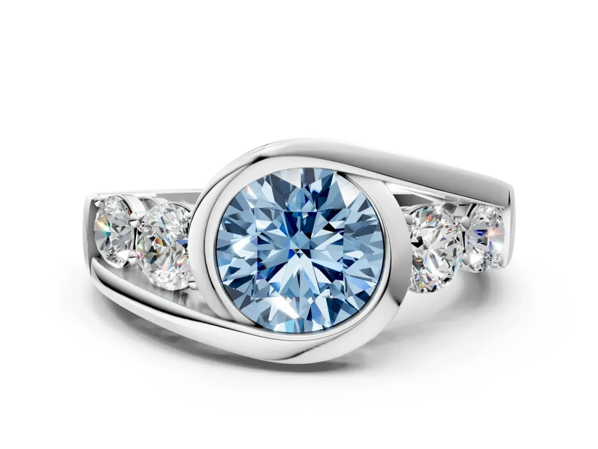 Fancy Blue Bezel Set Round Cut Diamond Bypass Ring with Round Accents Silver