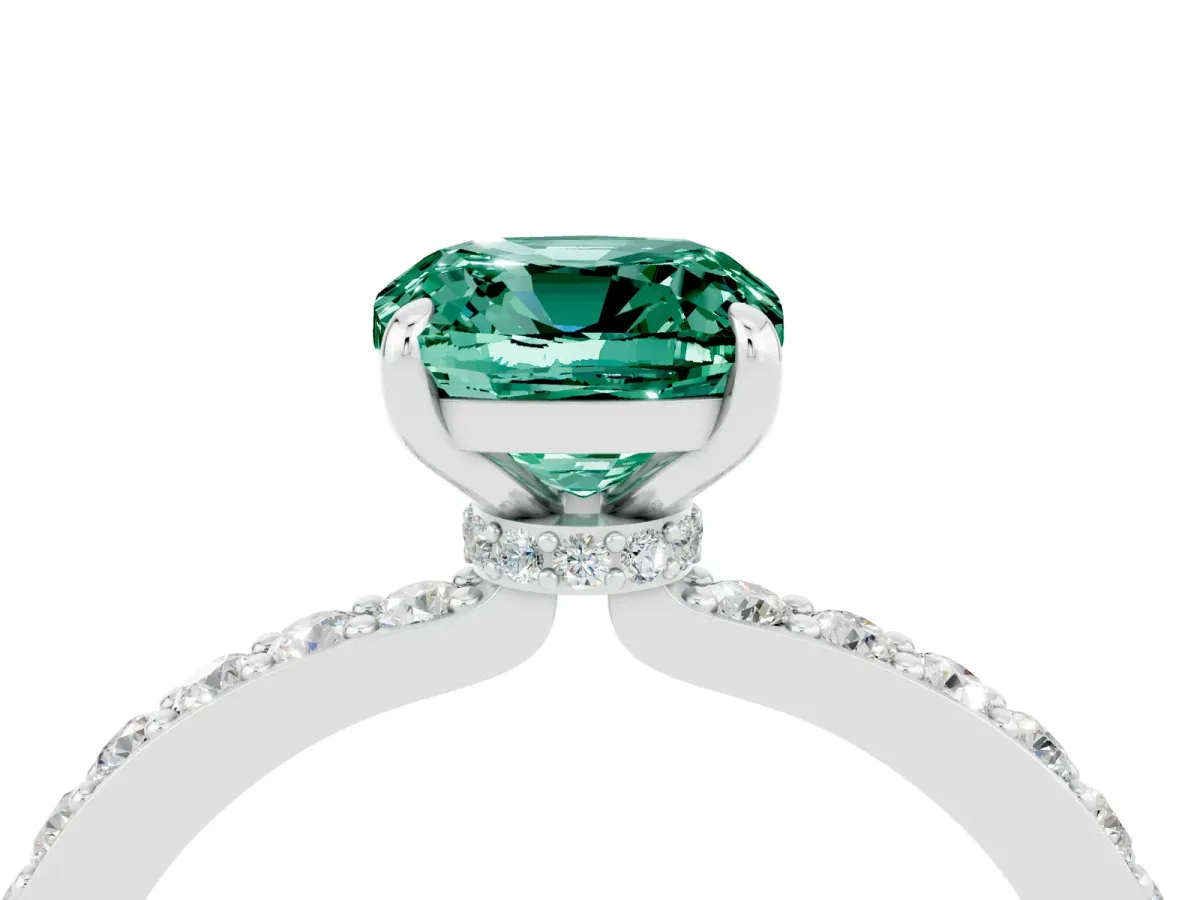 Cushion Cut Green Sapphire Solitaire Engagement Ring with Pavé Band and Four-Prong Setting White gold