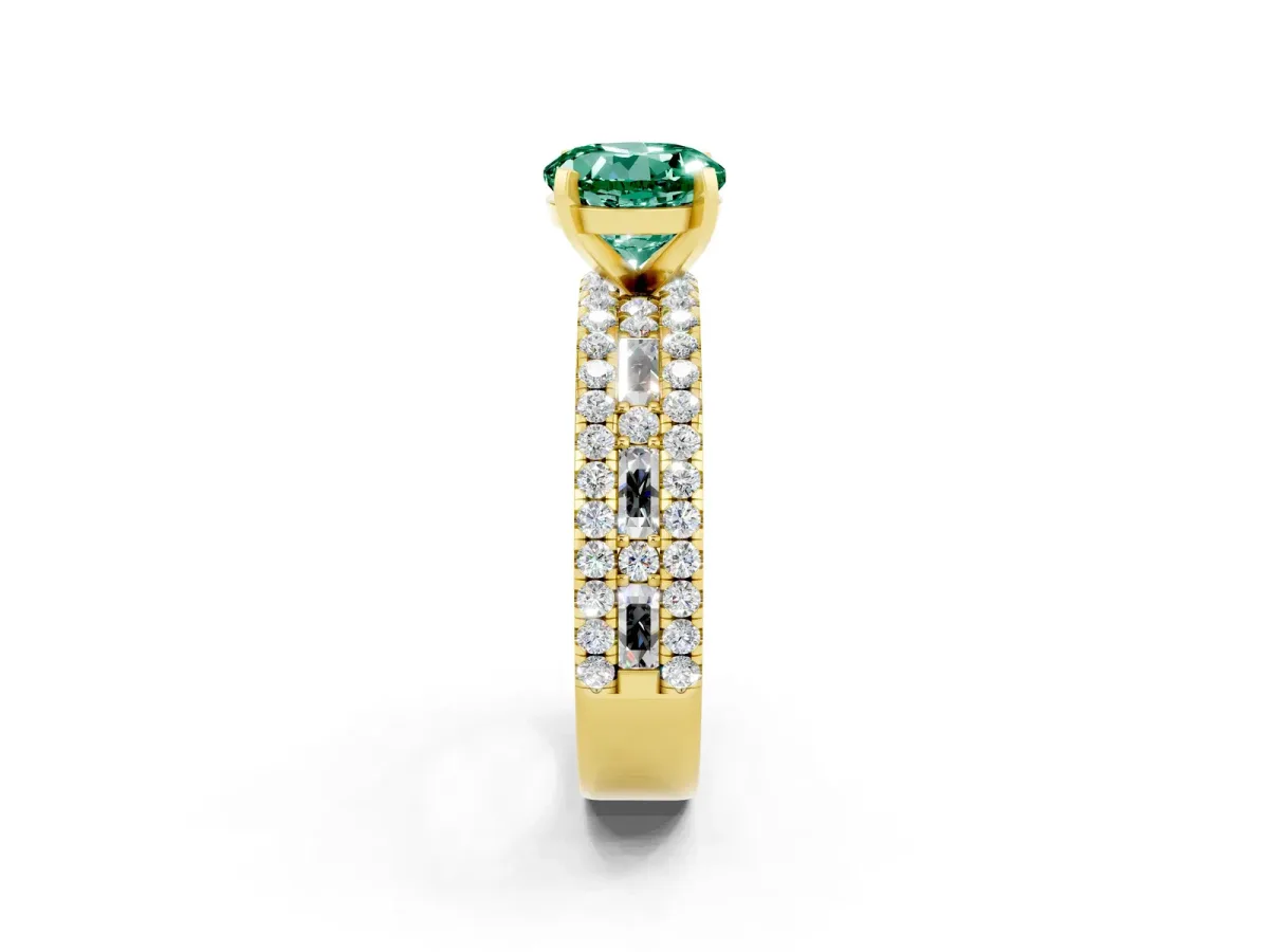 Round Cut Green Sapphire Solitaire Ring with Pavé and Channel Set Band Yellow gold