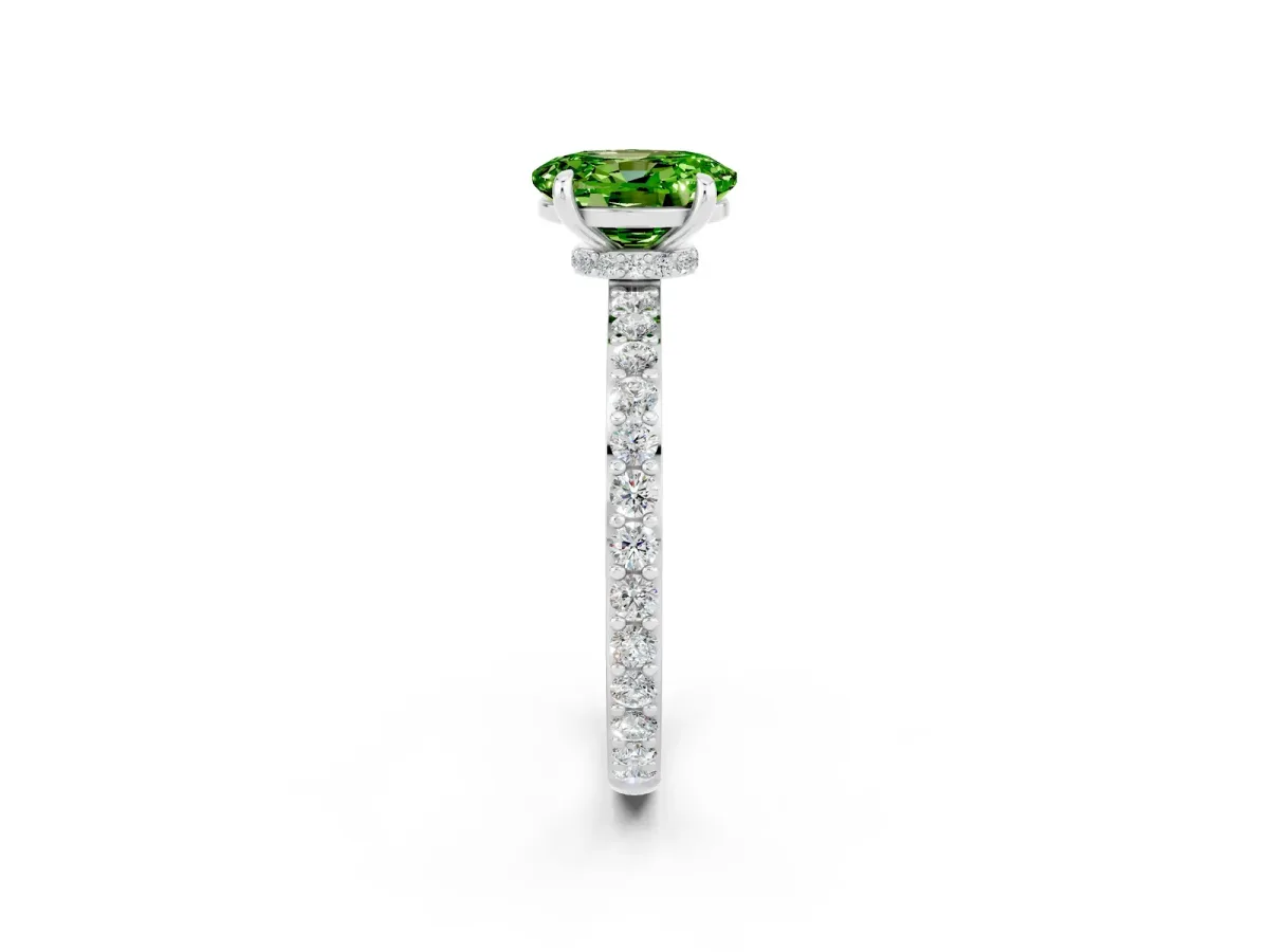 Oval Cut Peridot Solitaire Engagement Ring with Pavé Band and Four-Prong Setting Silver