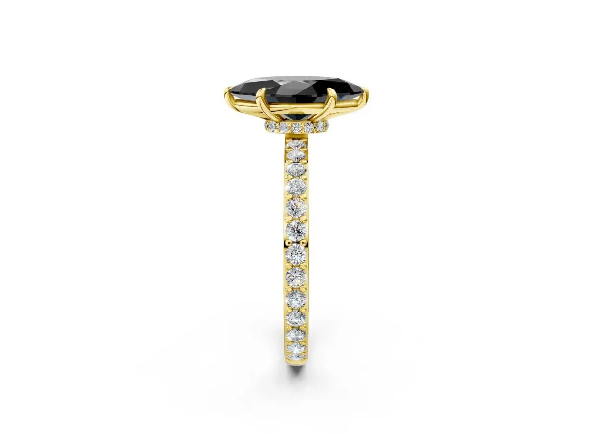 Fancy Black Marquise Cut Diamond Solitaire Engagement Ring with Pavé Band and Four-Prong Setting Yellow gold
