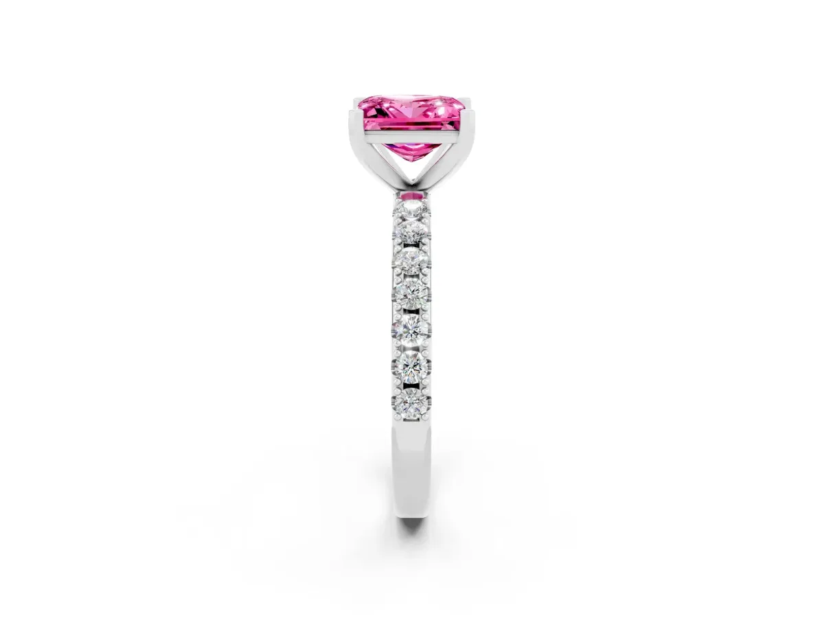 Princess Cut Pink Sapphire Solitaire Pavé Band with Four-Prong Setting Silver