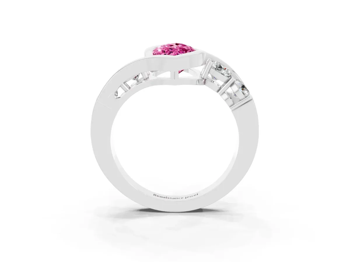Bezel Set Marquise Cut Pink Sapphire Bypass Ring with Round Accents Silver