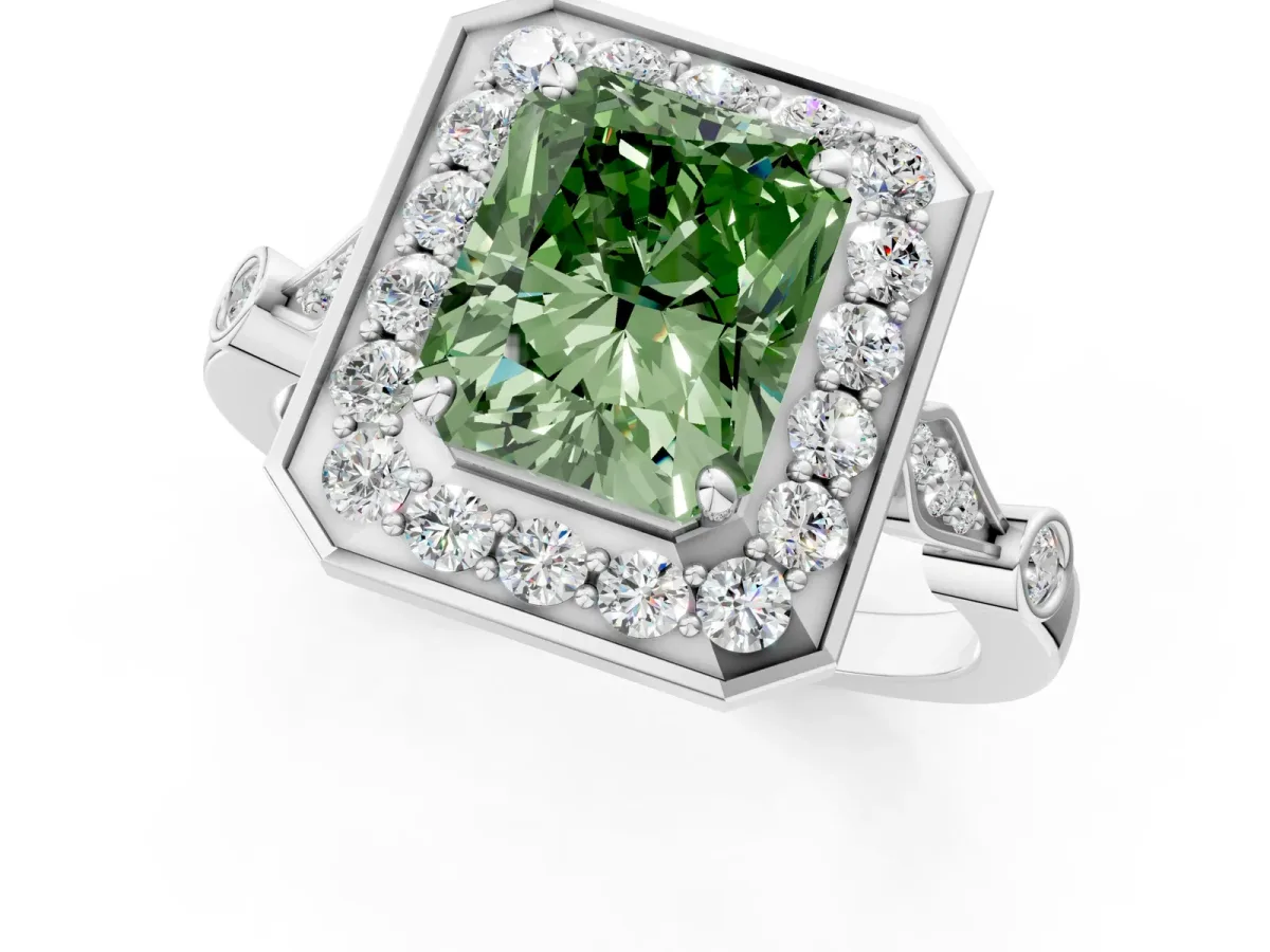 Fancy Green Radiant Cut Halo Diamond Engagement Ring with Twisted Band and Four-Prong Setting Platinum