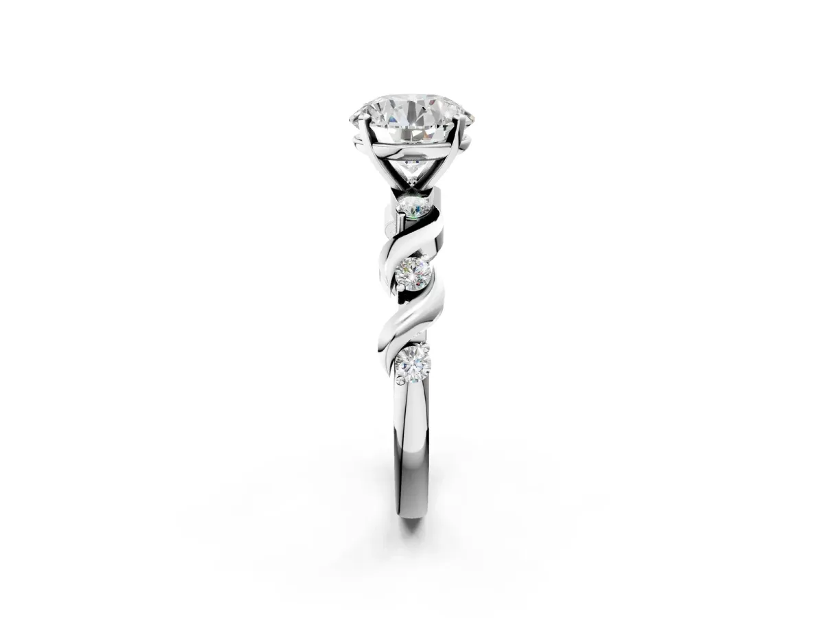 Round Cut Diamond Solitaire Twisted Band with Round Accents and Prong Setting Silver