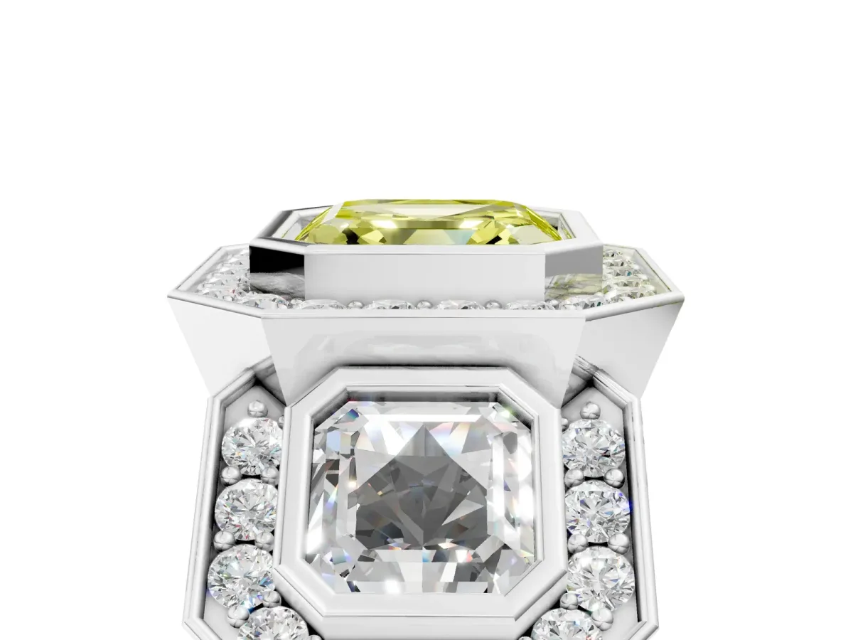 Fancy Yellow Three-Stone Asscher Cut Halo Pavé Diamond Ring Platinum