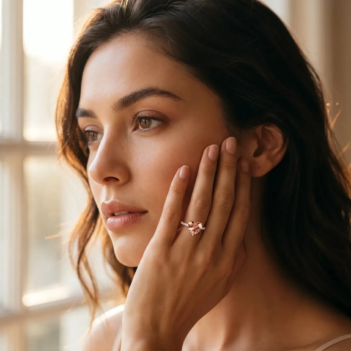 Heart Cut Morganite Solitaire Ring with Round Pavé Band and Four-Prong Setting Rose gold