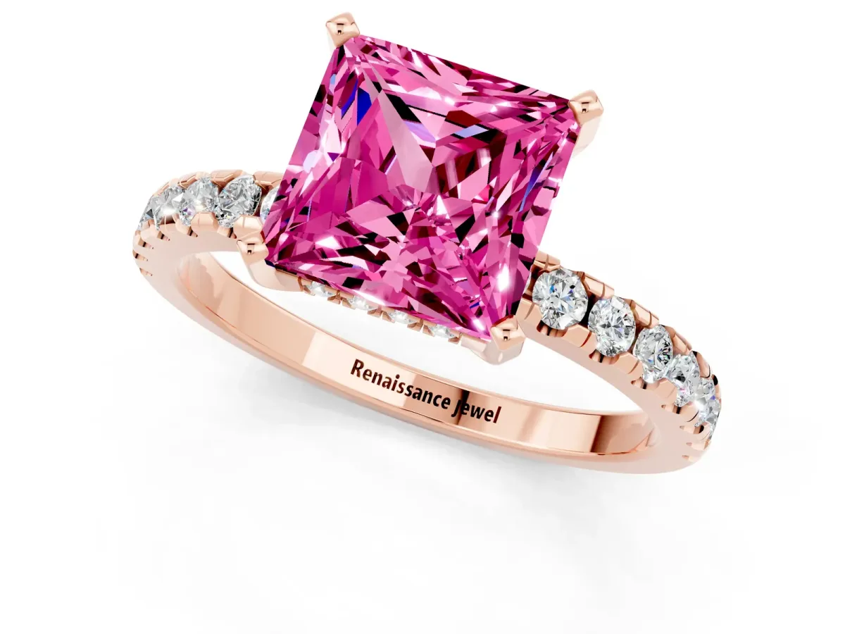 Princess Cut Pink Sapphire Solitaire Ring with Round Pavé Band and Four-Prong Setting Rose gold