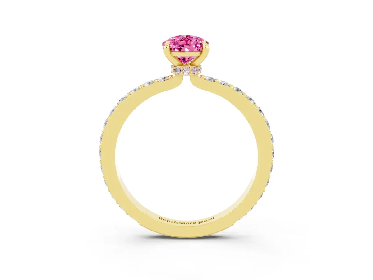 Pear Cut Pink Sapphire Solitaire Engagement Ring with Pavé Band and Four-Prong Setting Yellow gold