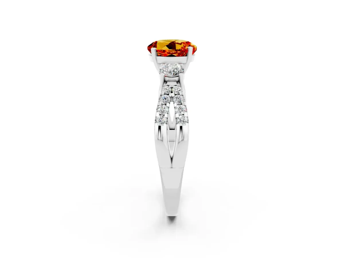Round Cut Citrine Three-Stone Ring with Pavé Split Shank and Four-Prong Setting Silver