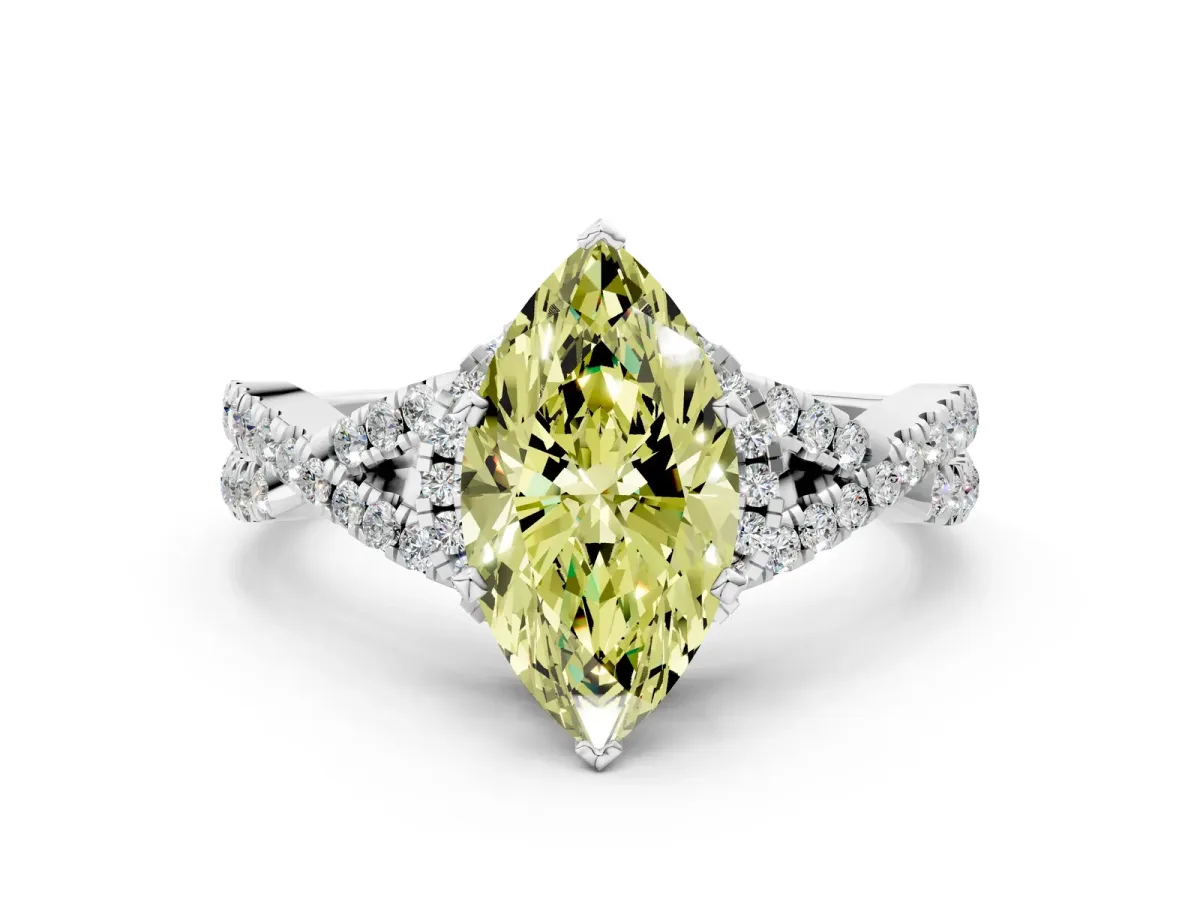 Fancy Yellow Marquise Cut Diamond Halo Twist Band Solitaire Prong Setting Ring White gold