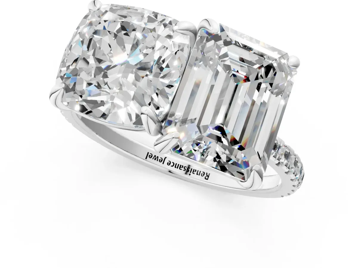 Cushion and Emerald Toi Moi Ring with Prong Setting and Pave Band Platinum
