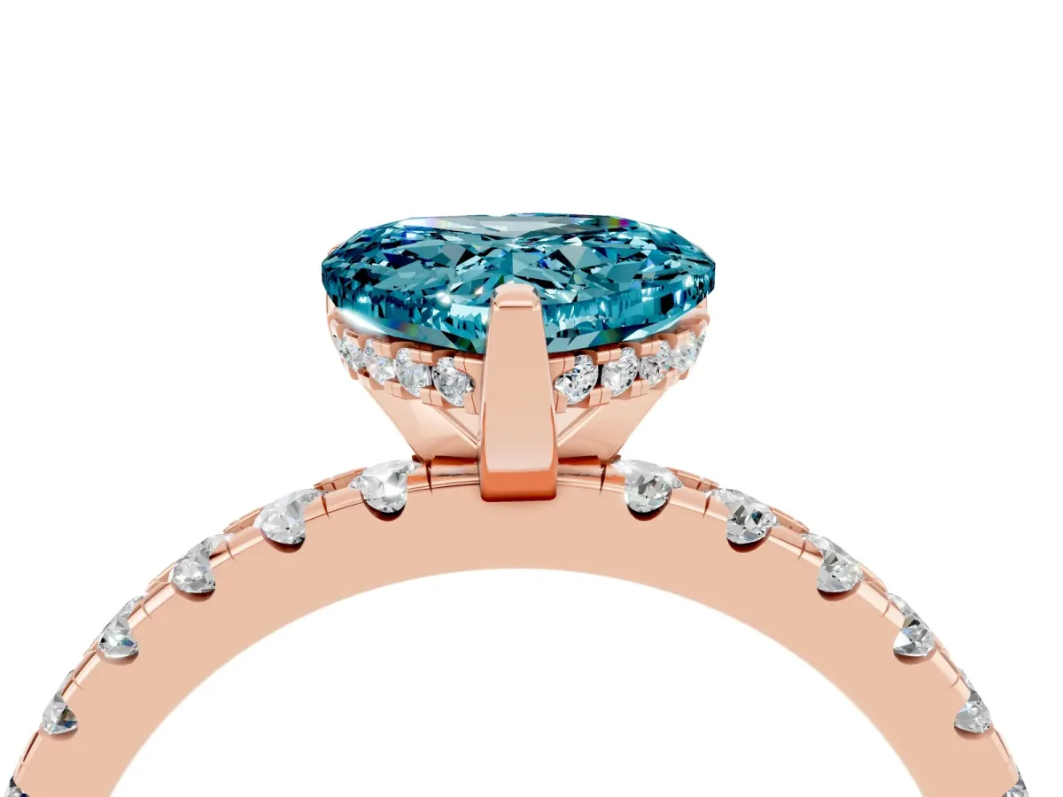 Heart Cut Blue Topaz Solitaire Ring with Round Pavé Band and Four-Prong Setting Rose gold