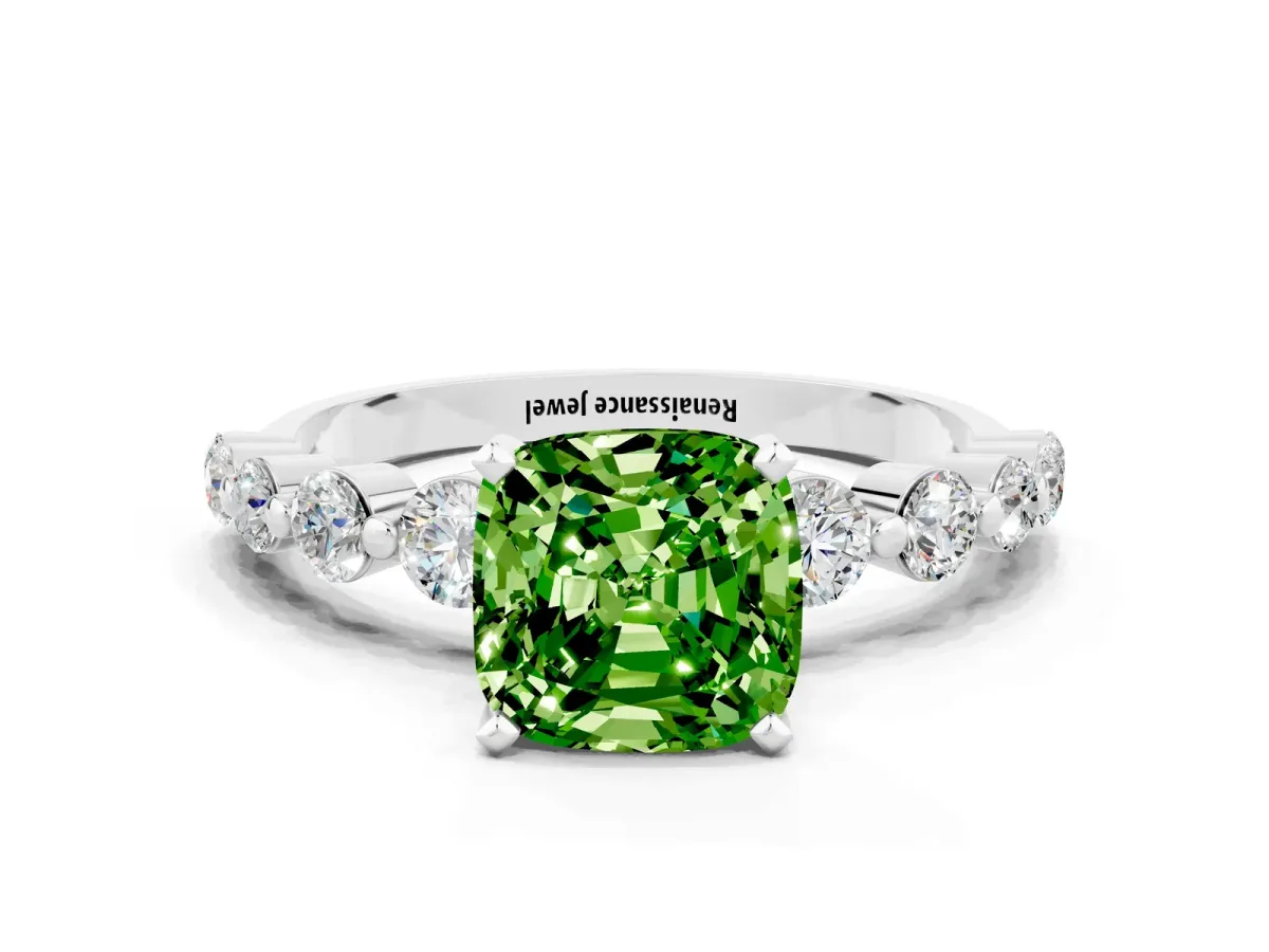 Cushion Cut Solitaire Peridot Ring with Pave Band and Four-Prong Setting Silver