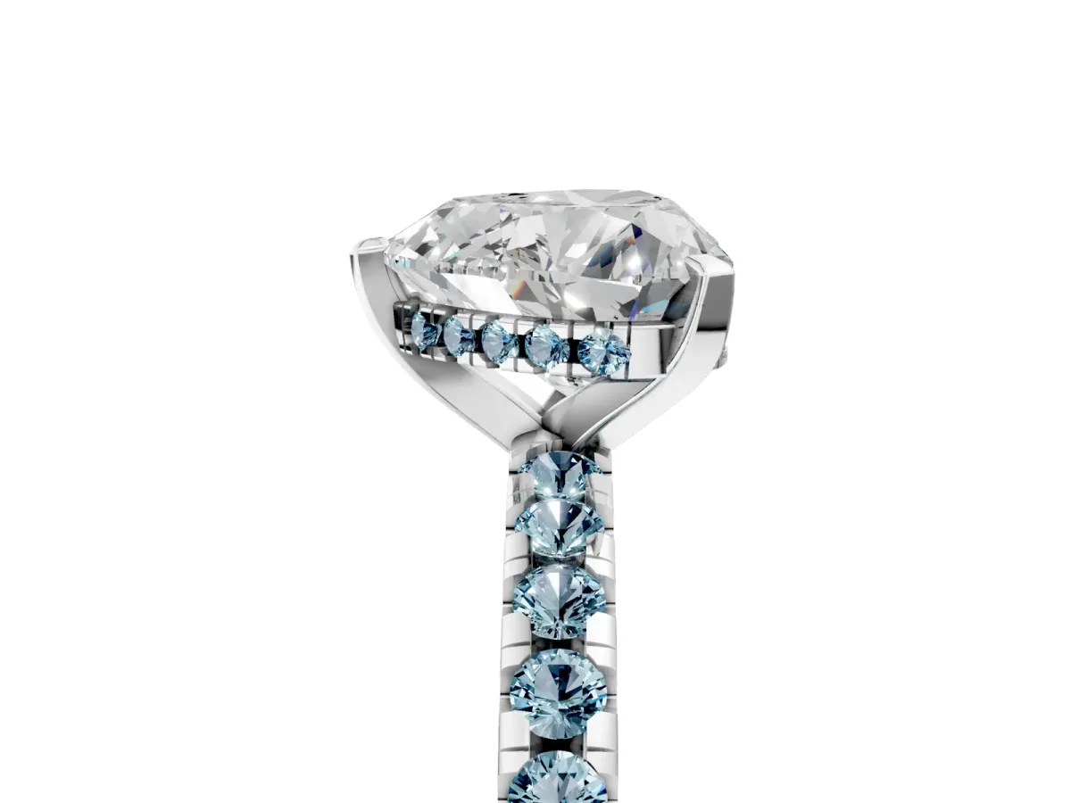 Heart Cut Diamond Solitaire Ring with Round Aquamarine Pavé Band and Four-Prong Setting Platinum