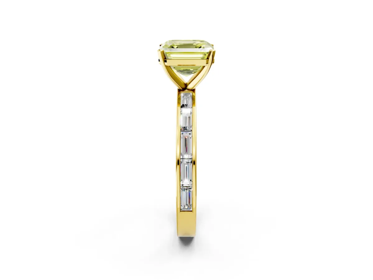 Fancy Yellow Asscher Cut Solitaire Diamond Ring with Channel-Set Baguette Band and Four-Prong Setting Yellow gold