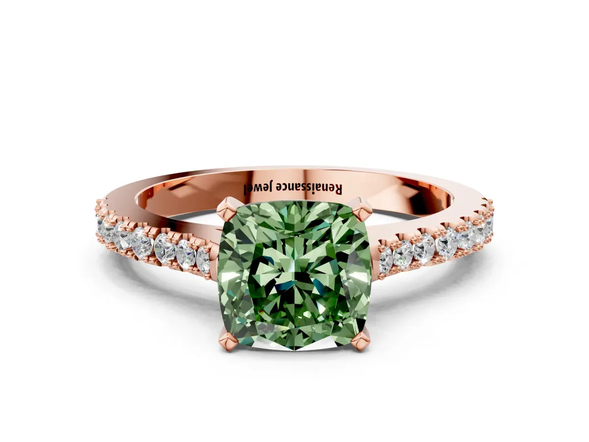 Fancy Green Cushion Cut Cut Solitaire Diamond Engagement Ring with Pave Band and Four-Prong Setting Rose gold