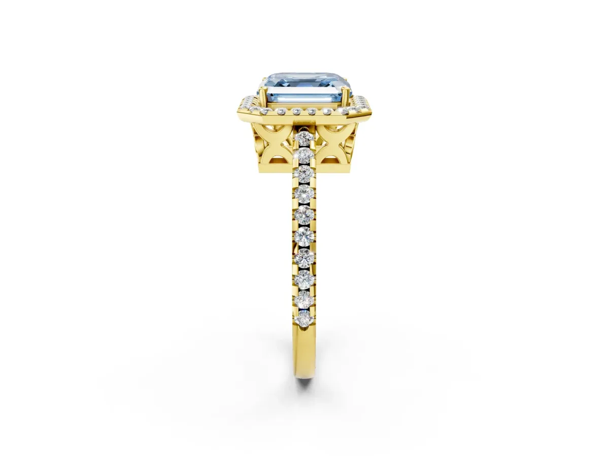 Fancy Blue Asscher Cut Diamond Halo Engagement Ring with Pavé Band and Prong Setting Yellow gold