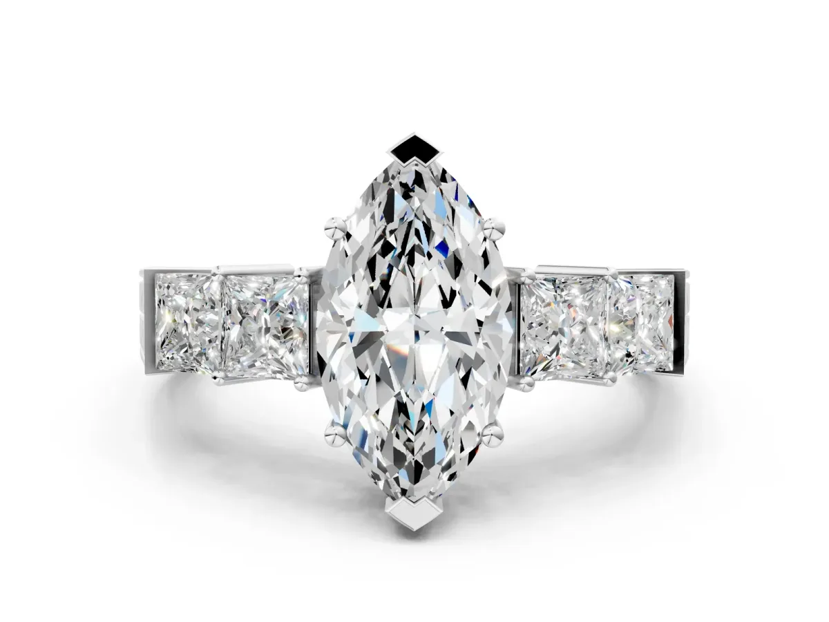 Marquise Cut Solitaire Princess Side Stone Engraved Band Prong Setting Ring Platinum
