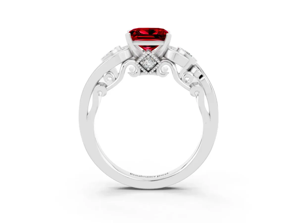 Princess Cut Ruby Solitaire Ring with Milgrain Pavé Band and Four-Prong Setting Platinum