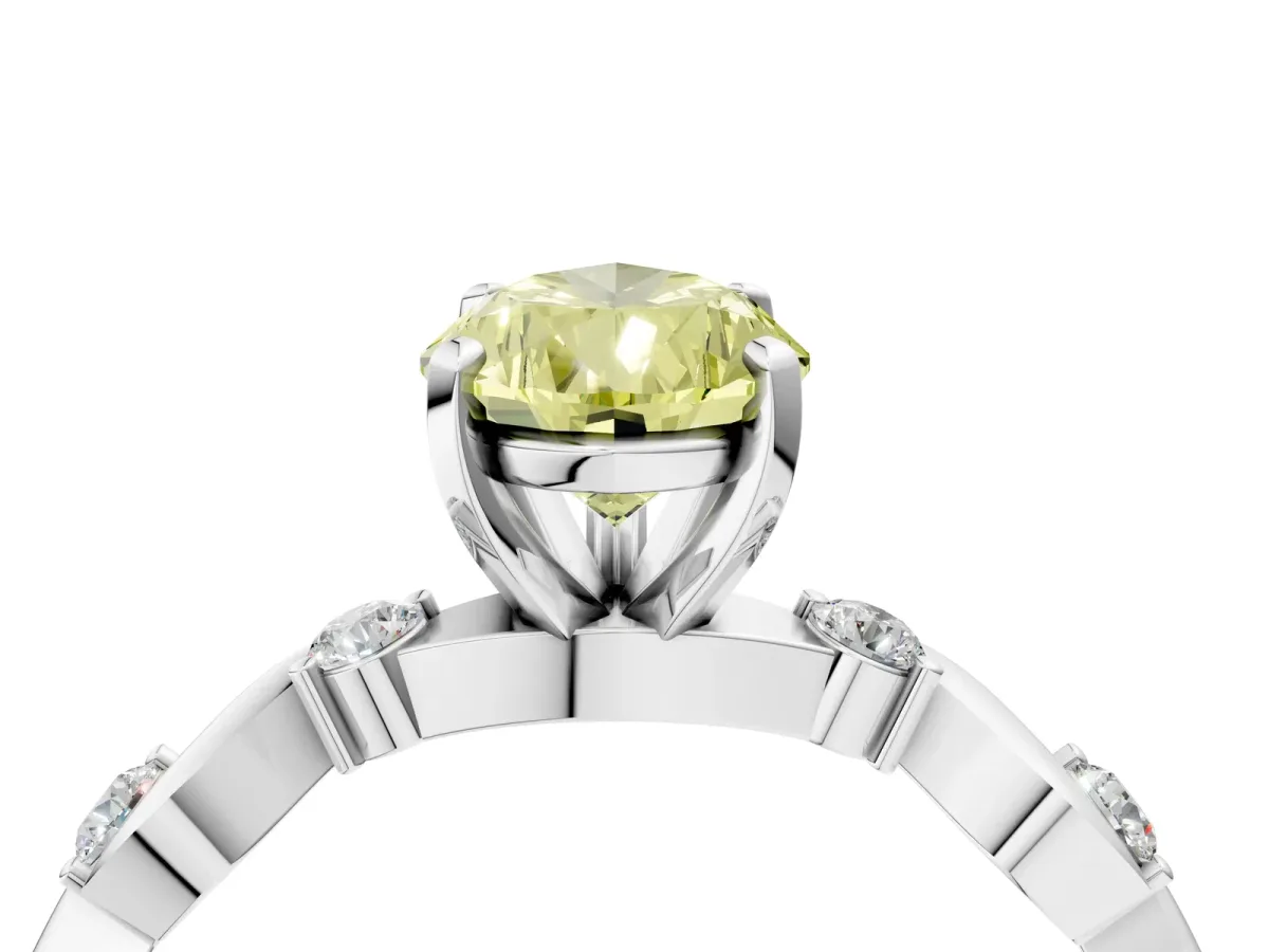 Fancy Yellow Pear Cut Diamond Solitaire Twisted Band with Round Accents and Prong Setting White gold