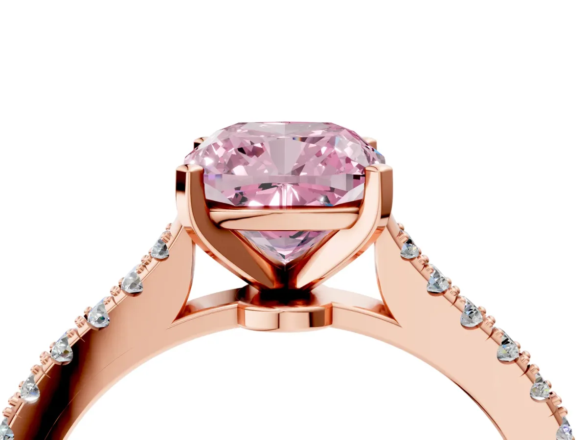 Fancy Pink Cushion Cut Cut Solitaire Diamond Engagement Ring with Pave Band and Four-Prong Setting Rose gold