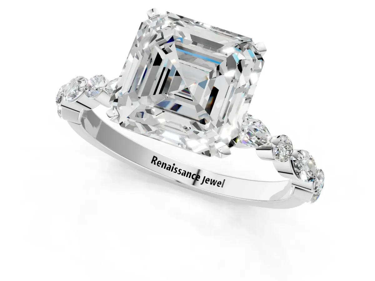 Asscher Cut Diamond Ring with Marquise and Round Moissanite Side Stones and Four-Prong Setting White gold