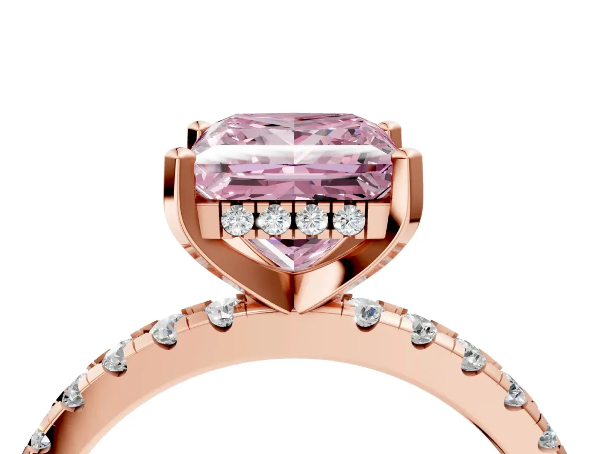 Fancy Pink Princess Cut Diamond Solitaire Ring with Round Pavé Band and Four-Prong Setting Rose gold