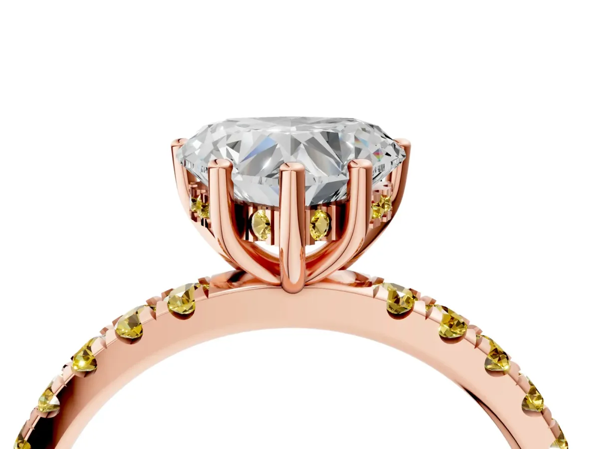 Heart Cut Diamond Pave Band Solitaire Ring with Round Yellow Sapphire and Prong Setting Rose gold