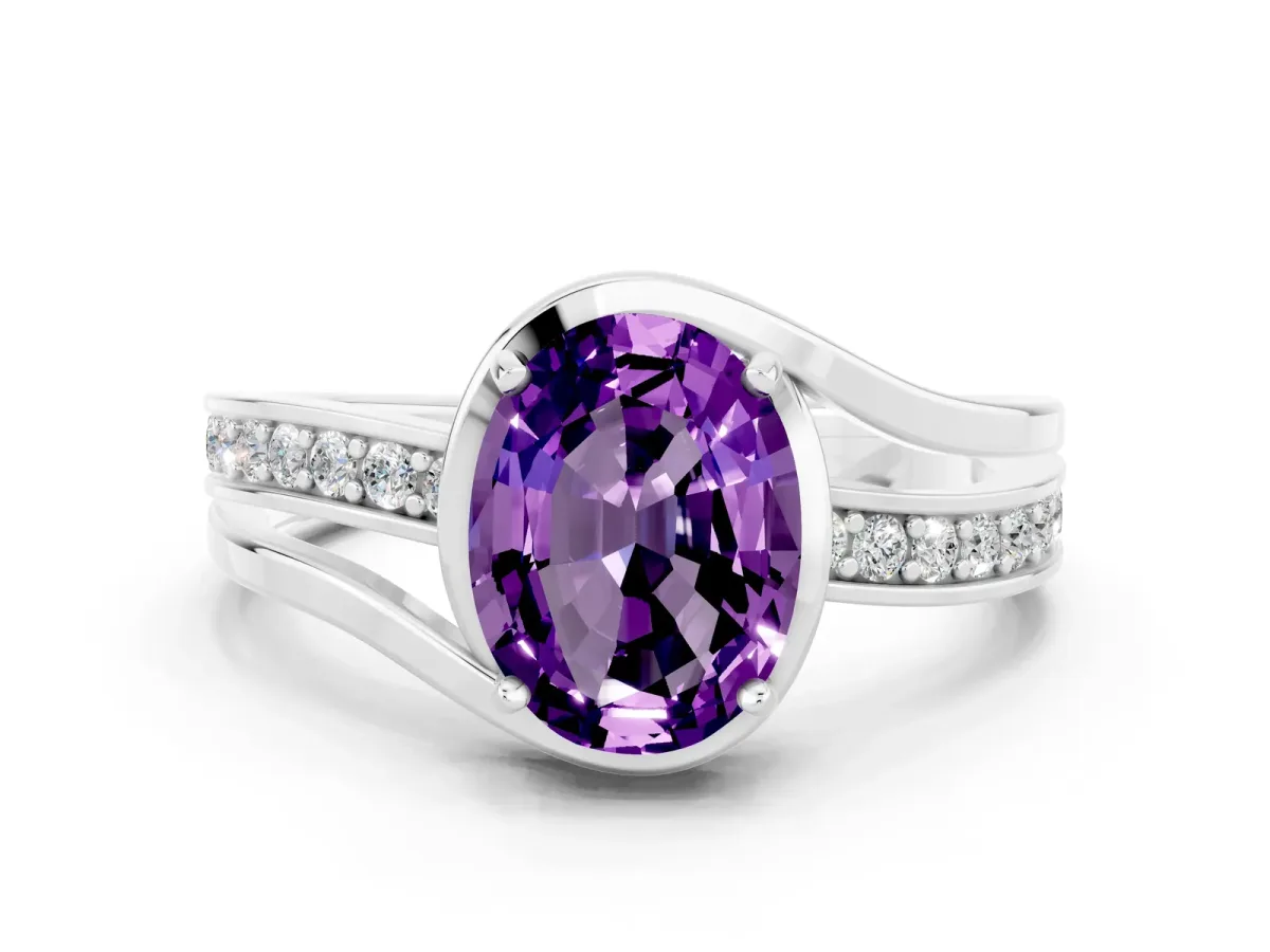 Oval Cut Amethyst Solitaire Ring with Split Shank and Prong Setting White gold