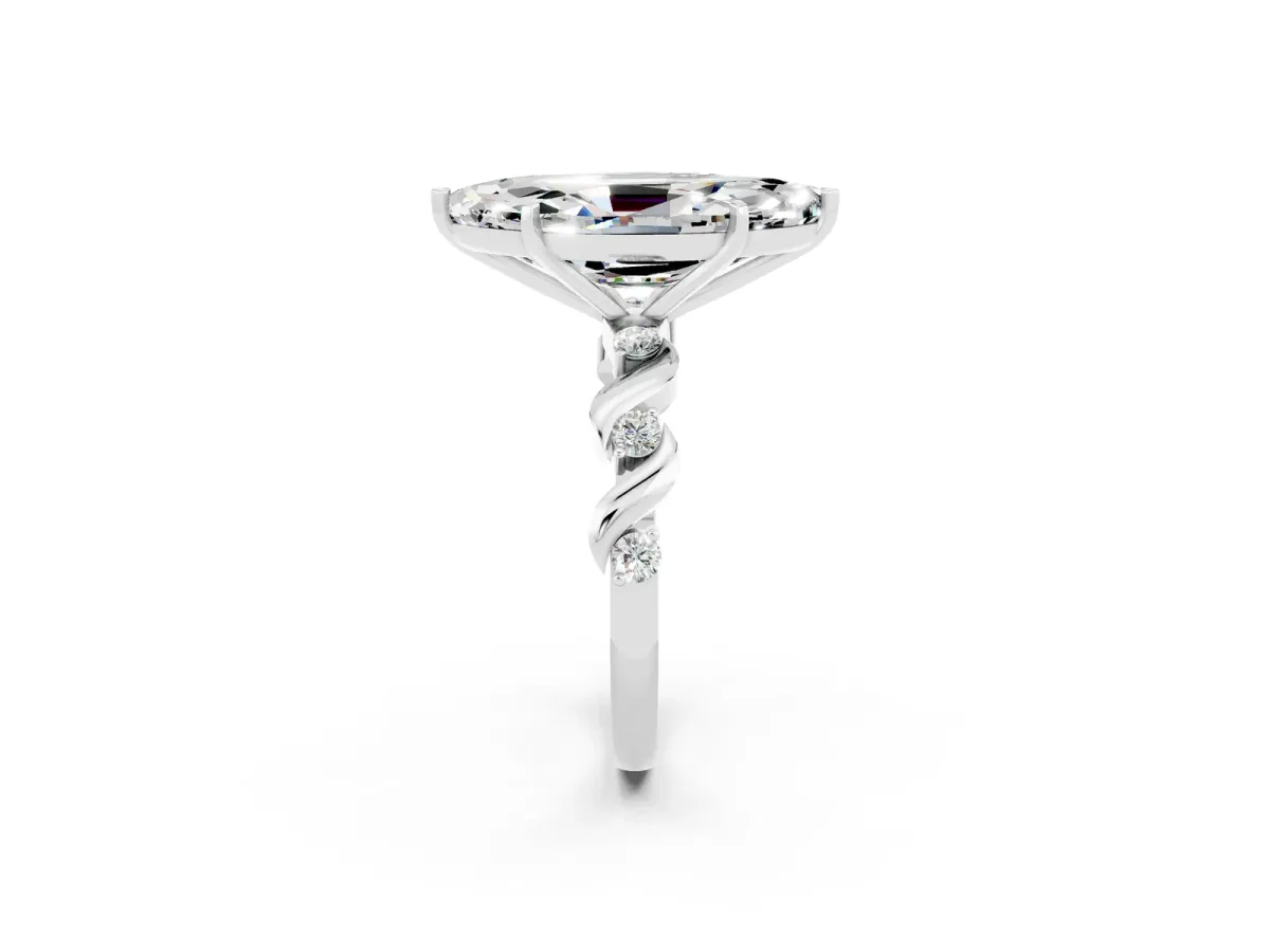 Marquise Cut Moissanite Solitaire Twisted Band with Round Accents and Prong Setting White gold