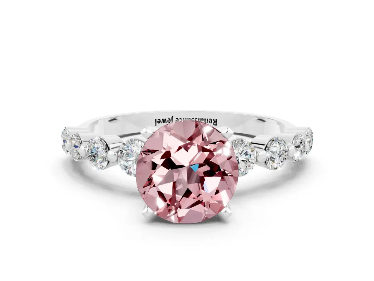 Round Cut Solitaire Morganite Ring with Pave Band and Four-Prong Setting Silver