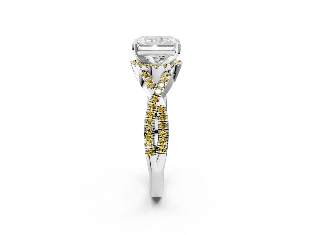 Radiant Cut Diamond Yellow Sapphire Halo Twist Band Solitaire Prong Setting Ring White gold
