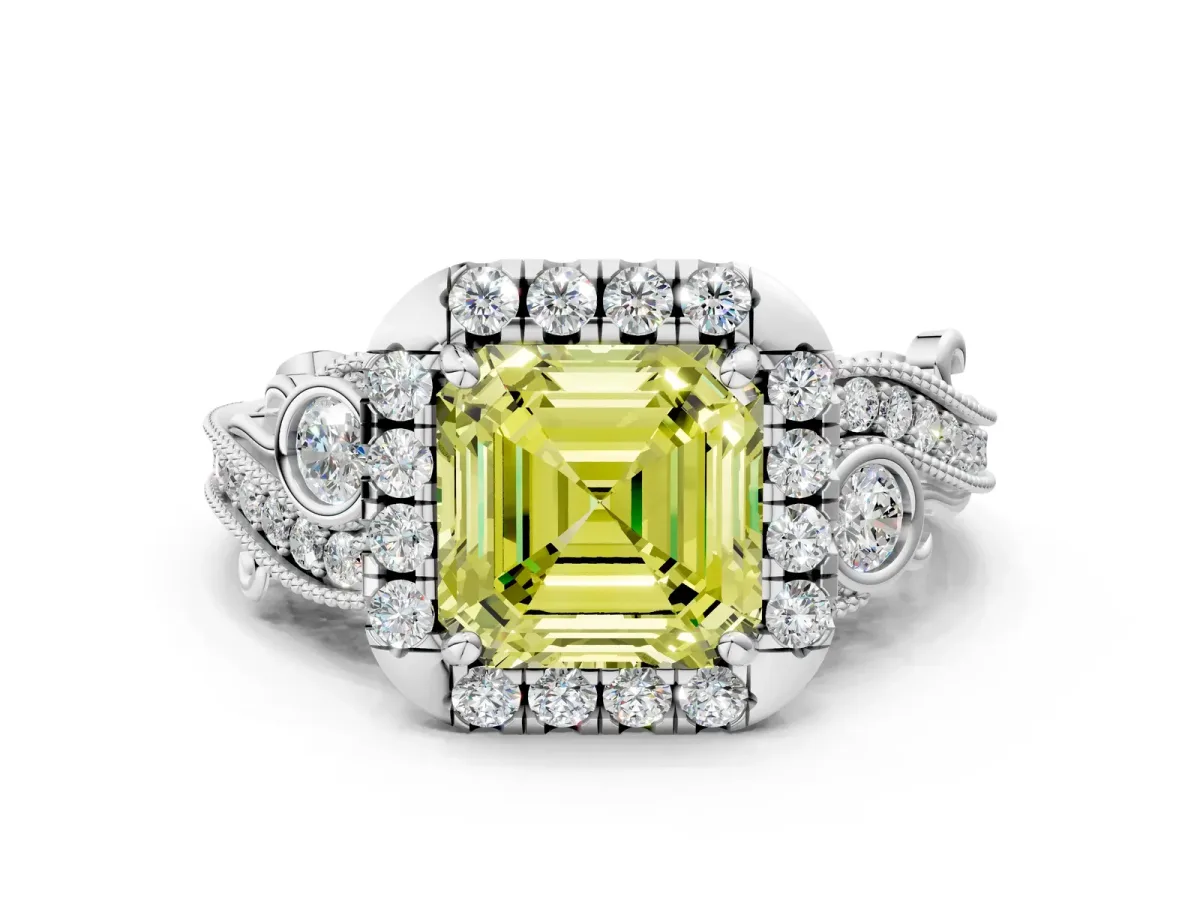 Fancy Yellow Asscher Cut Diamond Halo Ring with Milgrain Pavé Band and Four-Prong Setting White gold