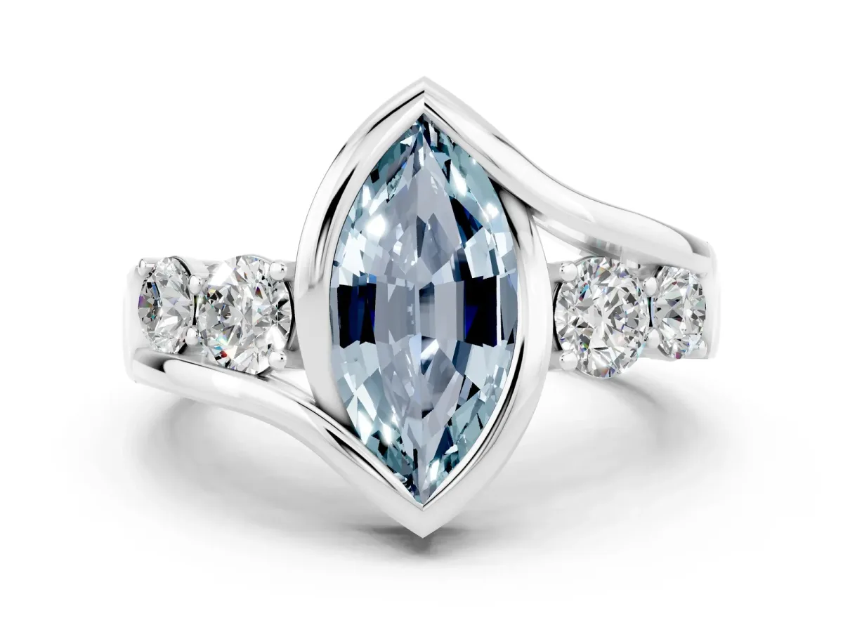 Bezel Set Marquise Cut Aquamarine Bypass Ring with Round Accents Silver