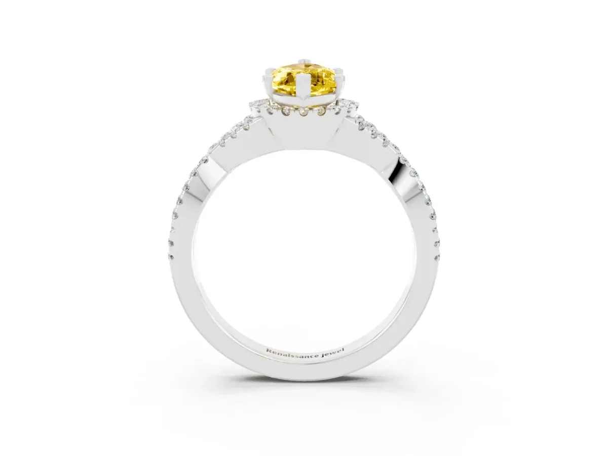Marquise Cut Yellow Sapphire Halo Twist Band Solitaire Prong Setting Ring White gold