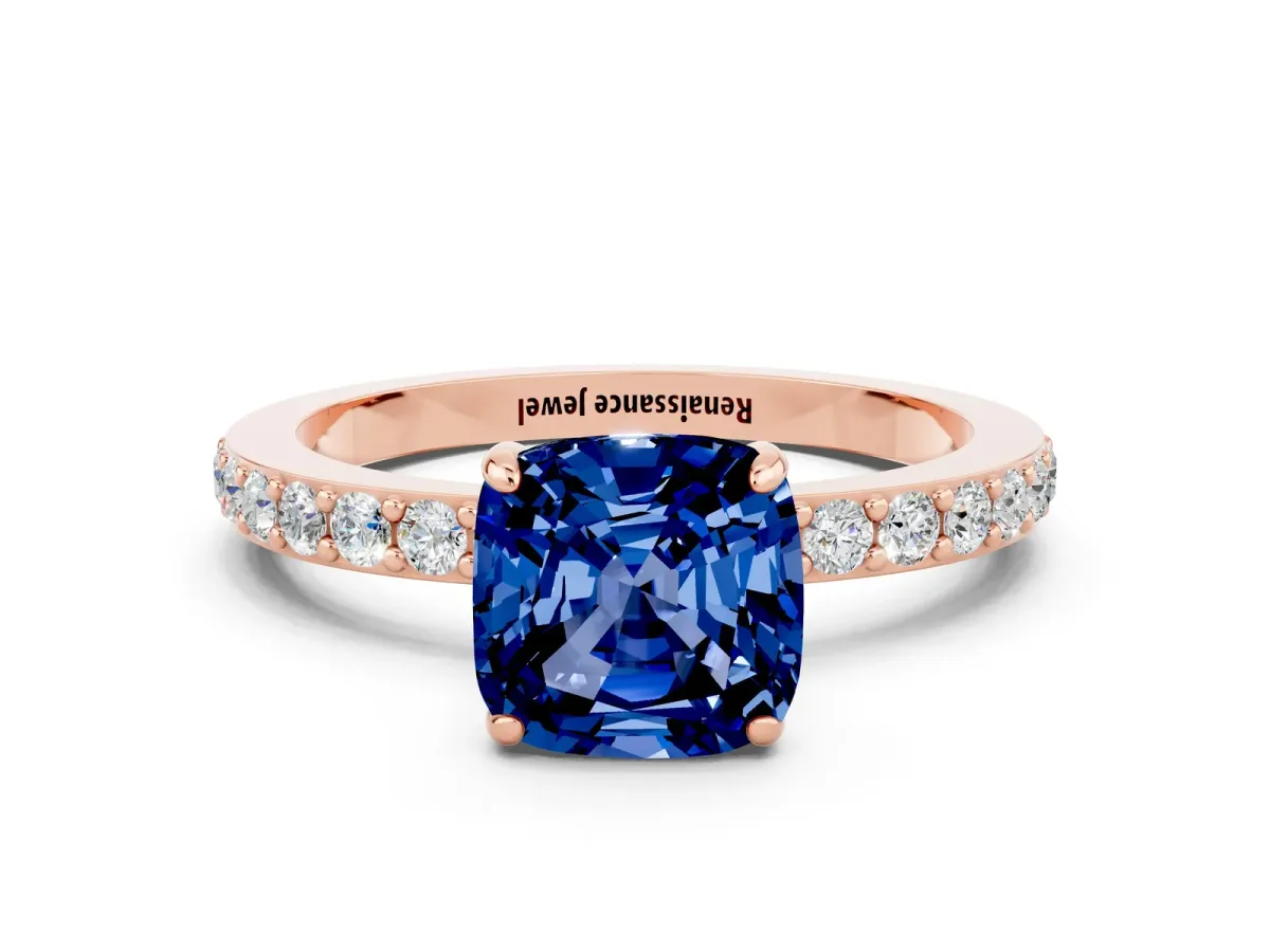 Cushion Cut Blue Sapphire Solitaire Engagement Ring with Pavé Band and Four-Prong Setting Rose gold