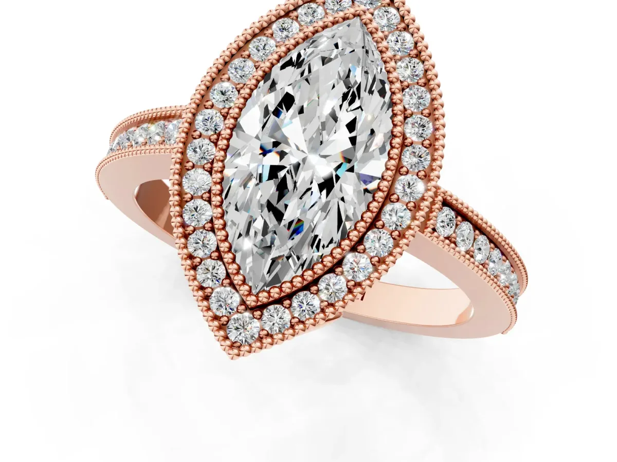 Marquise Cut Cut Halo Diamond Ring with Pavé Band and Milgrain Prong Setting Rose gold