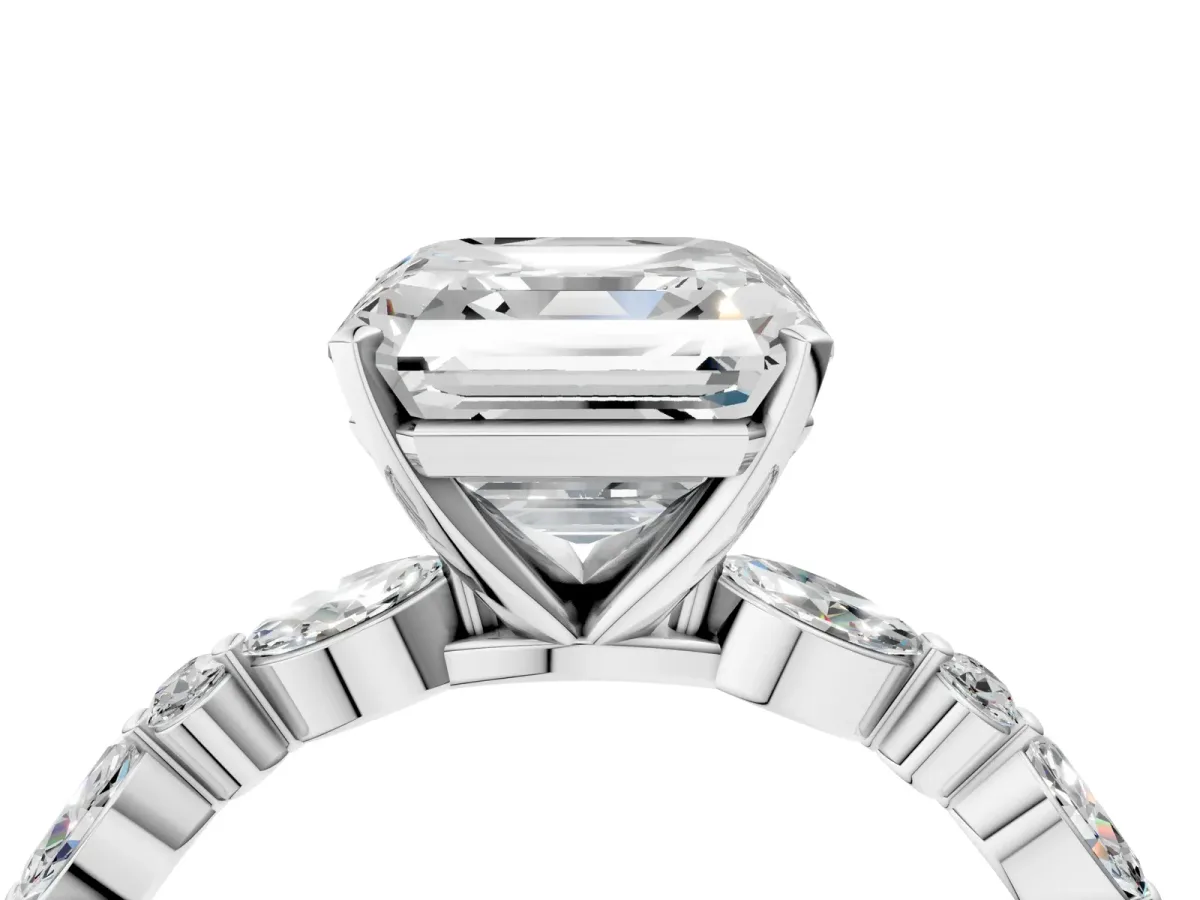 Asscher Cut Diamond Ring with Marquise and Round Moissanite Side Stones and Four-Prong Setting White gold