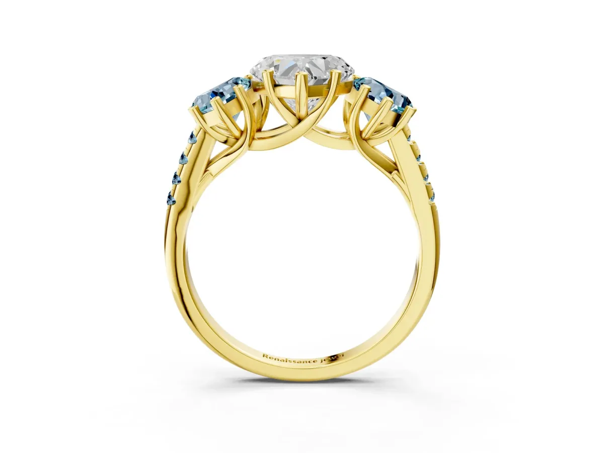 Three-Stone Heart Cut Diamond Ring with Round Aquamarine Pavé Band and Prong Setting Yellow gold