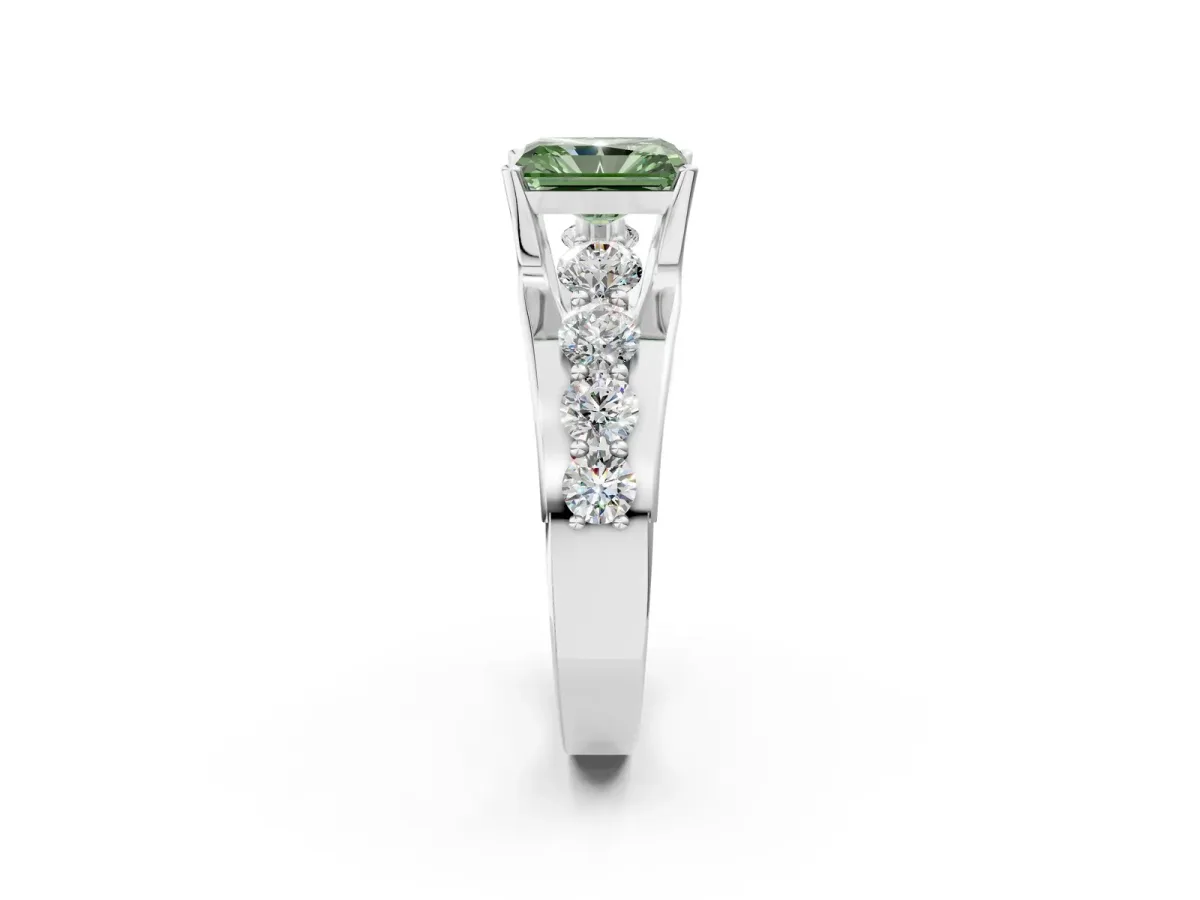 Fancy Green Radiant Cut Brilliant Solitaire with Side Stones on a Pave Band and Four-Prong Setting Platinum