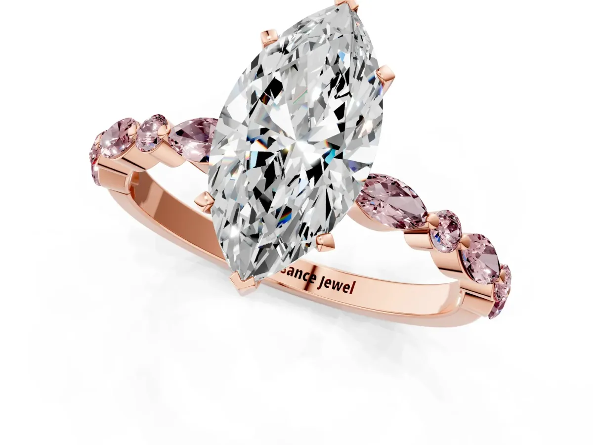 Marquise Cut Diamond Ring with Marquise and Round Morganite Side Stones and Four-Prong Setting Rose gold