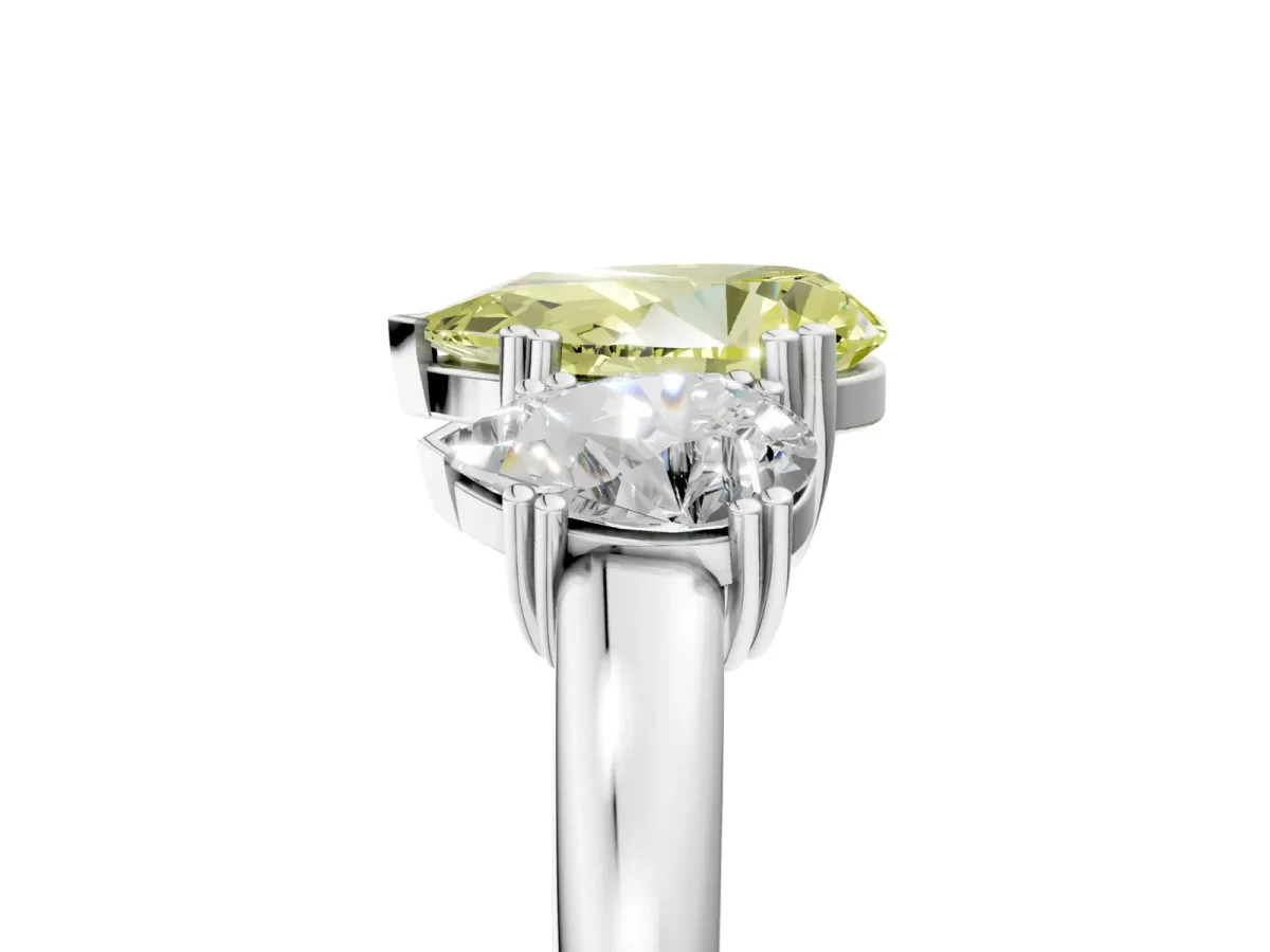 Fancy Yellow Three-Stone Pear Cut Cut Diamond Ring with Channel Set Band and Four-Prong Setting Silver