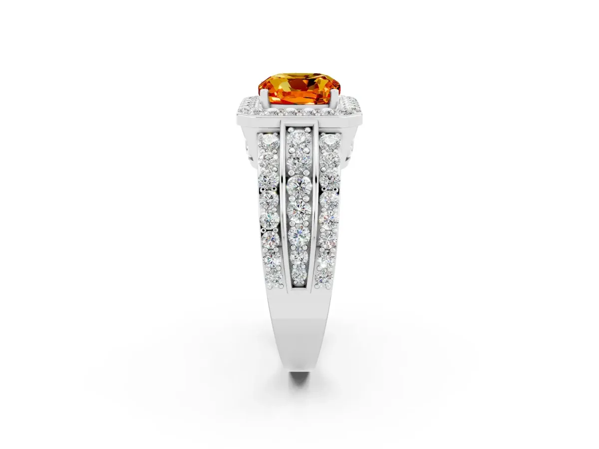 Cushion Cut Halo Citrine Ring with Round Split Shank and Prong Setting White gold