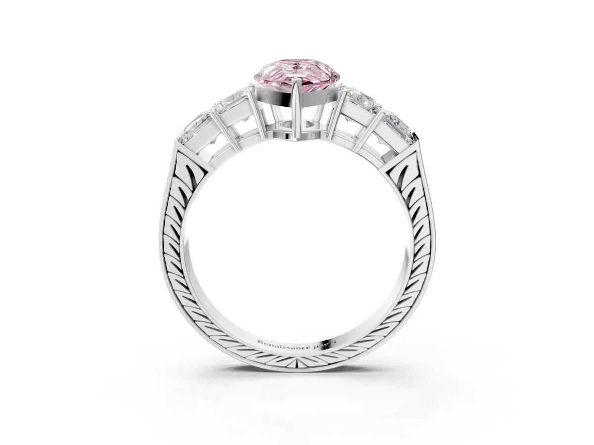 Fancy Pink Pear Cut Solitaire Princess Side Stone Engraved Band Prong Setting Ring Platinum