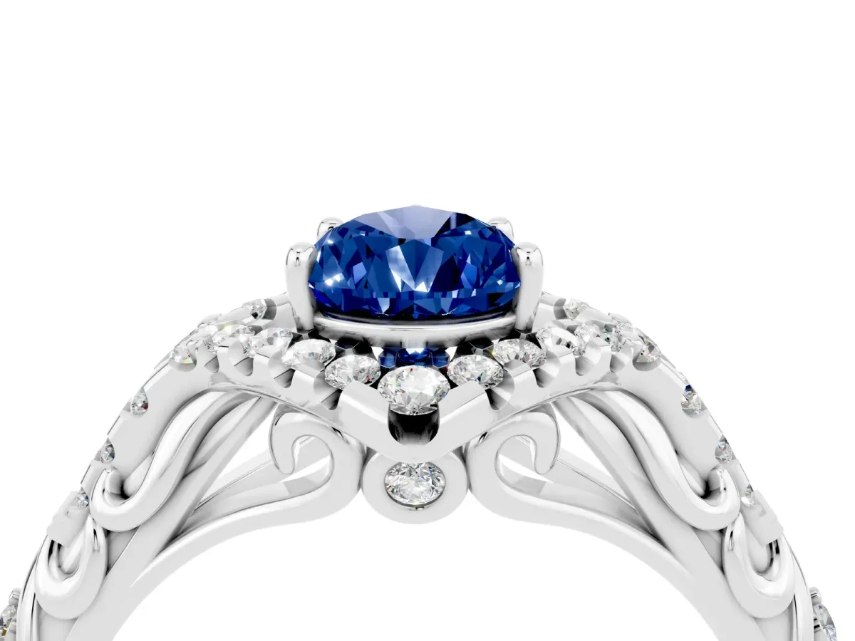 Pear Cut Blue Sapphire Solitaire Ring with Hidden Halo and Pavé Band White gold